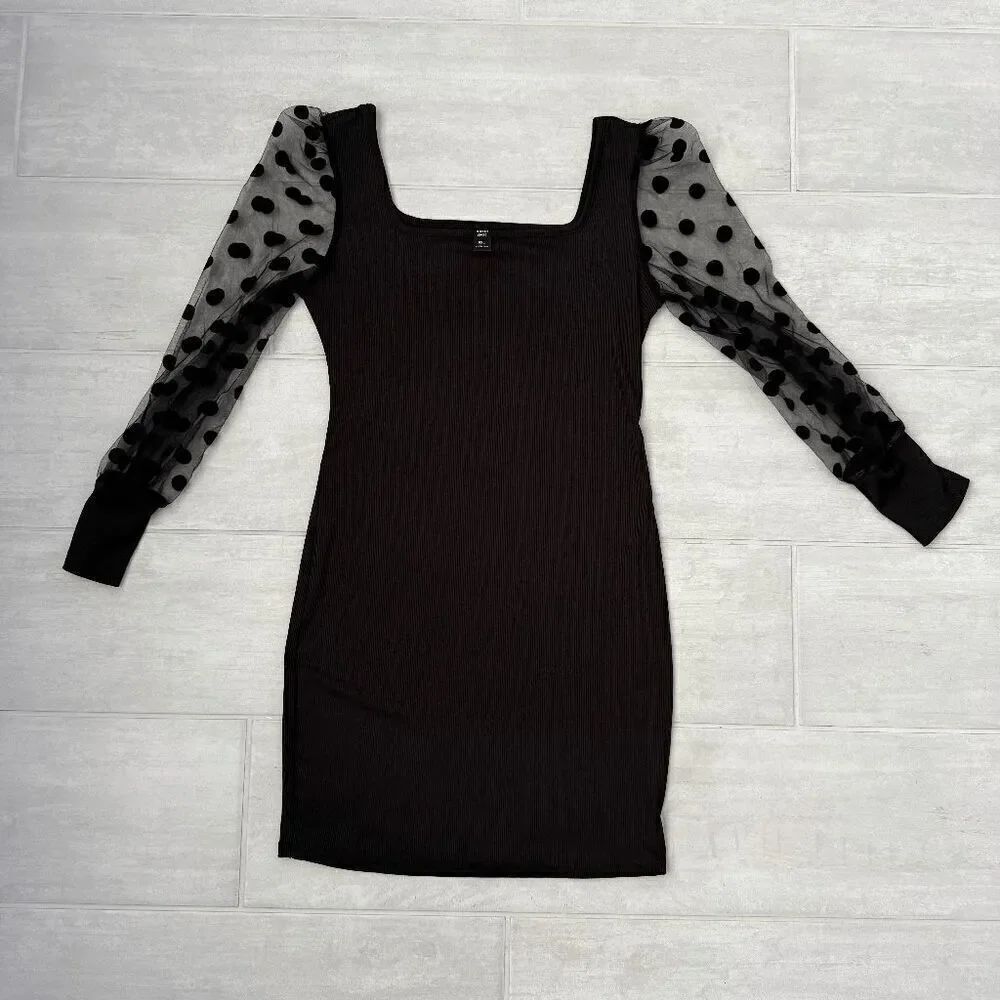 Shein Curve Bodycon Mini Dress Balloon Sleeves Polka Dot Ribbed Black 0XL